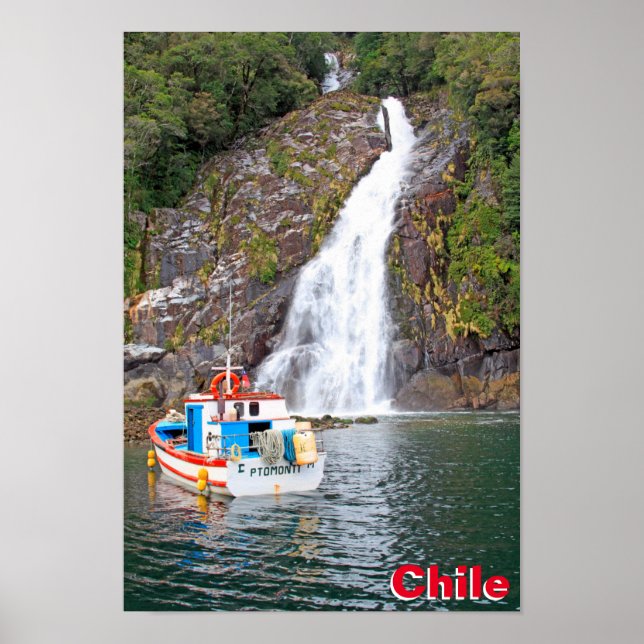 Póster Boat & waterfall, Chile (Frente)