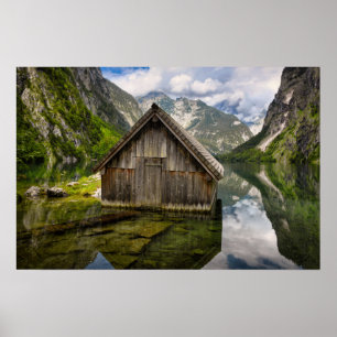 Póster Boathouse in Obersee lake in Alps in Germany