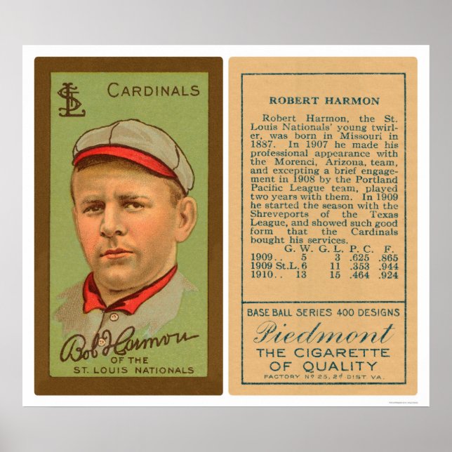 Póster Bob Harmon Cardinals Béisbol 1911 (Frente)