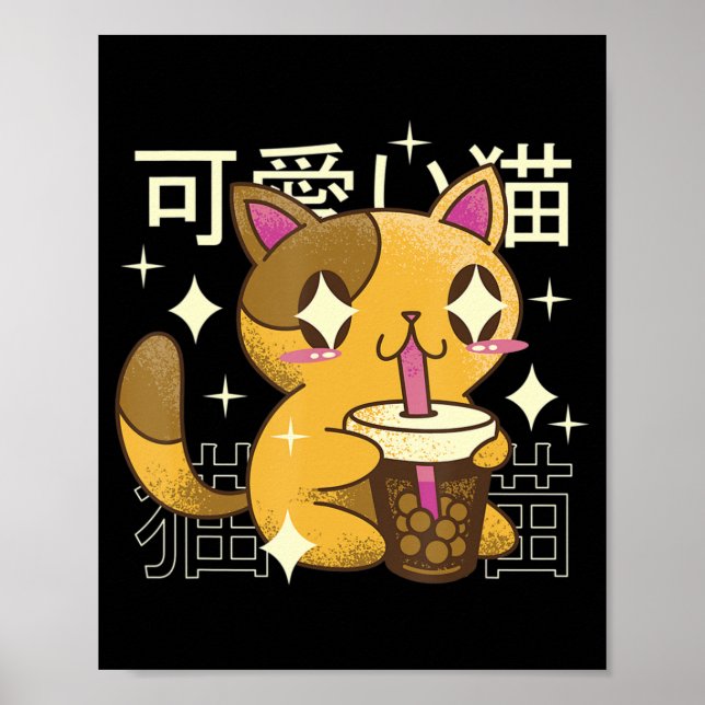 Póster Boba Cat Kawaii Anime Chicas de comida japonesa (Frente)