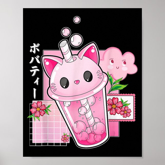 Póster Boba Tea Cat Bubble Tea Kawaii Anime Chica japonés (Frente)