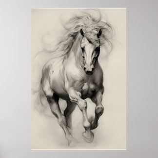 Póster Boceto a lápiz de caballo corriendo etéreo