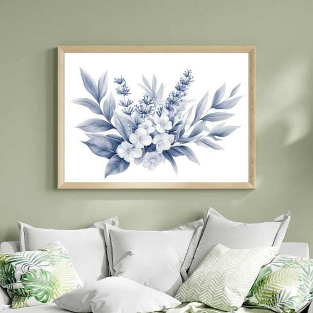 Póster Boceto a lápiz flores grises plateadas y blancas (Pencil Sketch Silver, Gray White Floral Wall Art poster print. Printed or Digital Download)