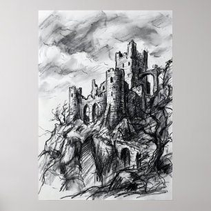 Póster Boceto de castillo en ruinas a carboncillo