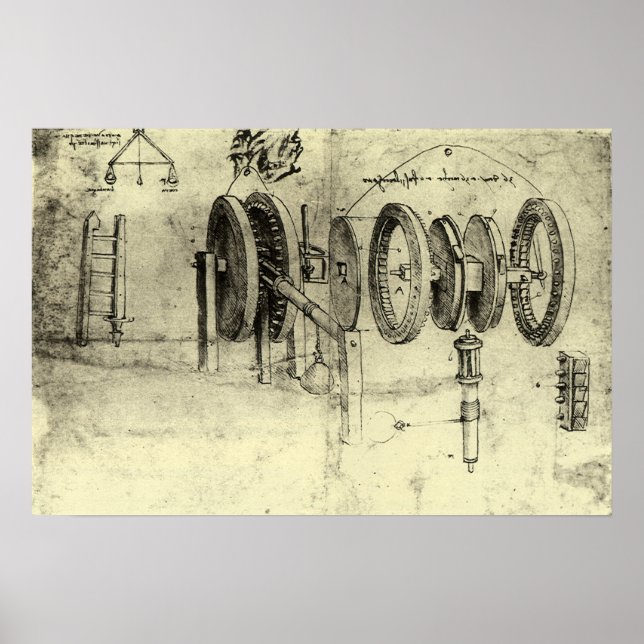 Póster Boceto de ingeniería de una rueda por Leonardo da  (Frente)