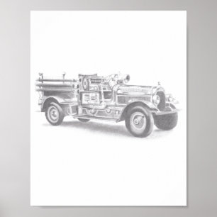 Póster boceto de lápiz de camión de bomberos antiguo dibu