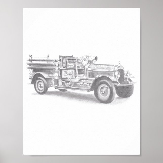 Póster boceto de lápiz de camión de bomberos antiguo dibu (Frente)