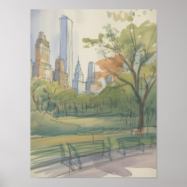 Póster Boceto en acuarela del parque Lower Manhattan (Frente)