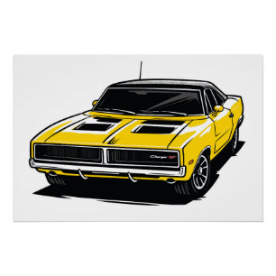 Póster Boceto Pop de Musculoso Auto Amarillo Llamativo