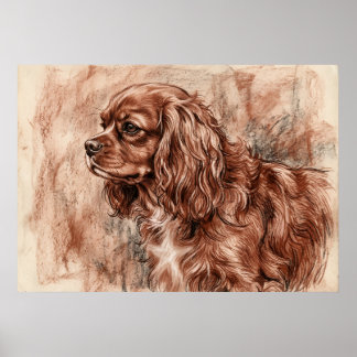 Póster Boceto Sanguíneo de Cavalier King Charles Spaniel