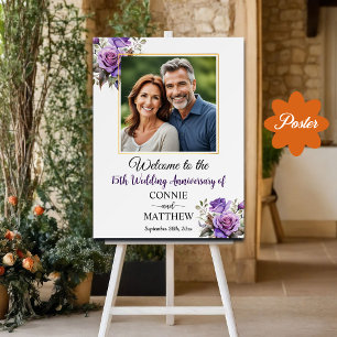 Póster boda 15° Aniversario del marco dorado Rosas morado