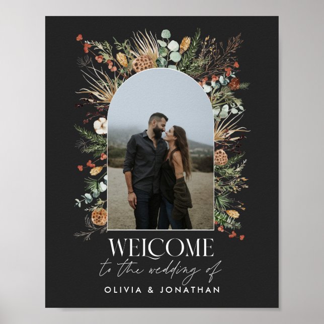 Póster Boda 1 arco fotográfico acuarela negro botánico (Frente)