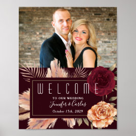 Póster Boda acogedora floral borgoña Bienvenida