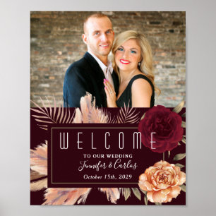 Póster Boda acogedora floral borgoña Bienvenida