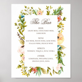Póster Boda acuático rústico de flores carta de bebidas