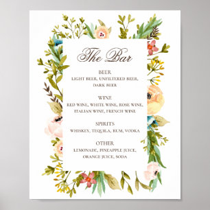 Póster Boda acuático rústico de flores carta de bebidas