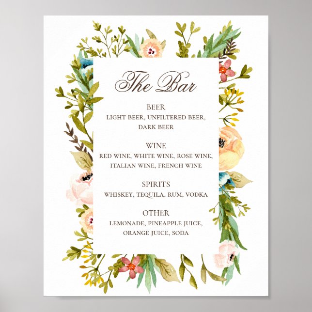 Póster Boda acuático rústico de flores carta de bebidas (Frente)