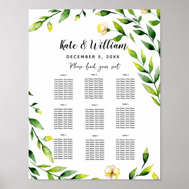 Póster boda amarillo floral Plan de mesa fiesta/boda (Frente)