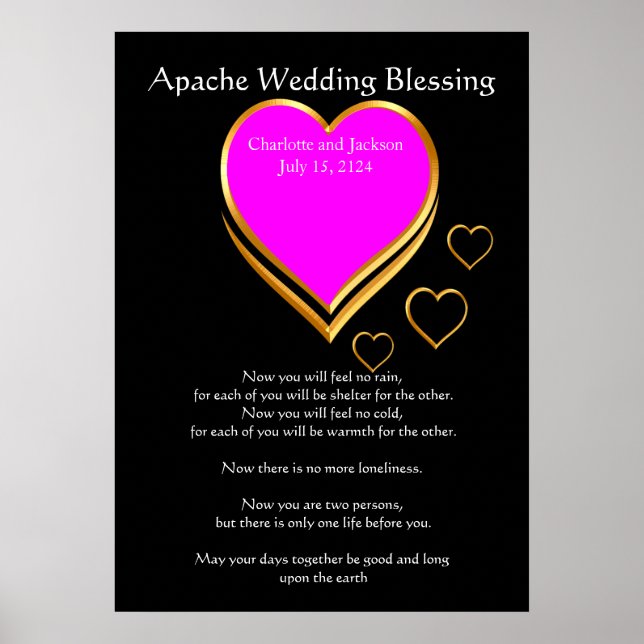 Póster Boda Apache bendiciendo corazones rosados (Frente)
