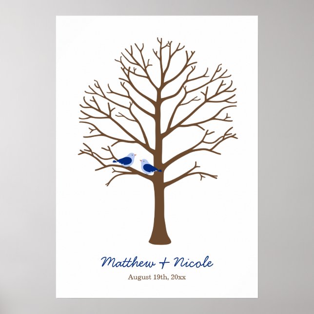 Póster Boda Árbol de Huellas Dactilares Pájaros Marrón Az (Frente)