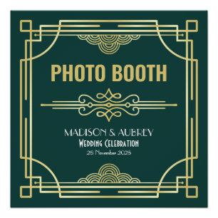 Póster Boda Art Deco Foto Booth Gold Green Fiesta Rótulo