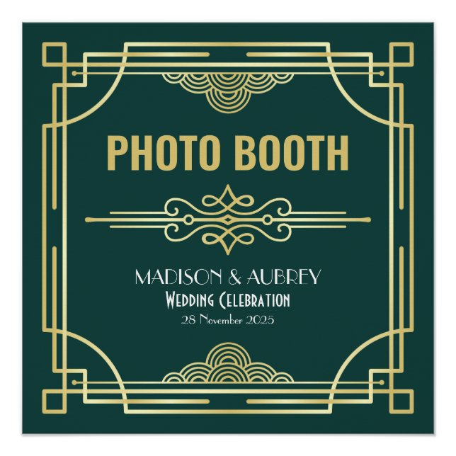 Póster Boda Art Deco Foto Booth Gold Green Fiesta Rótulo (Anverso)
