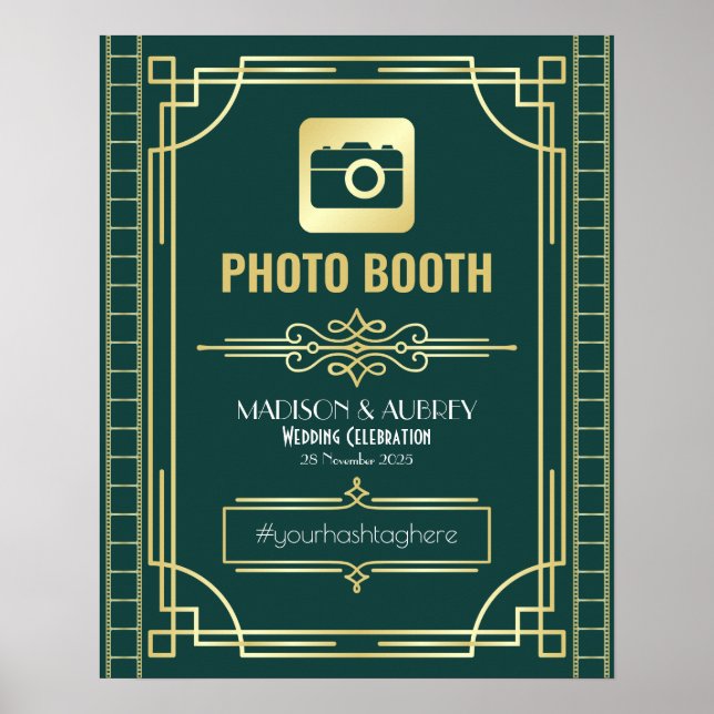 Póster Boda Art Deco Foto Booth Gold Green Rótulo (Frente)