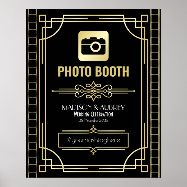 Póster Boda Art Deco Foto Booth Rótulo Fiesta negro oro (Frente)