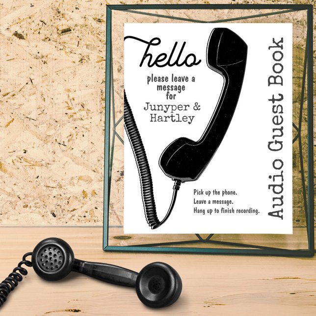 Póster Boda Audio Guest Book Teléfono negro en blanco 8x1 (Frame this custom audio guest book sign with instructions for your guests. )