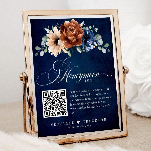Póster Boda azul de la Marina de Terracota Rótulo del Fon (Honeymoon fund wedding sign with terracotta and navy florals)