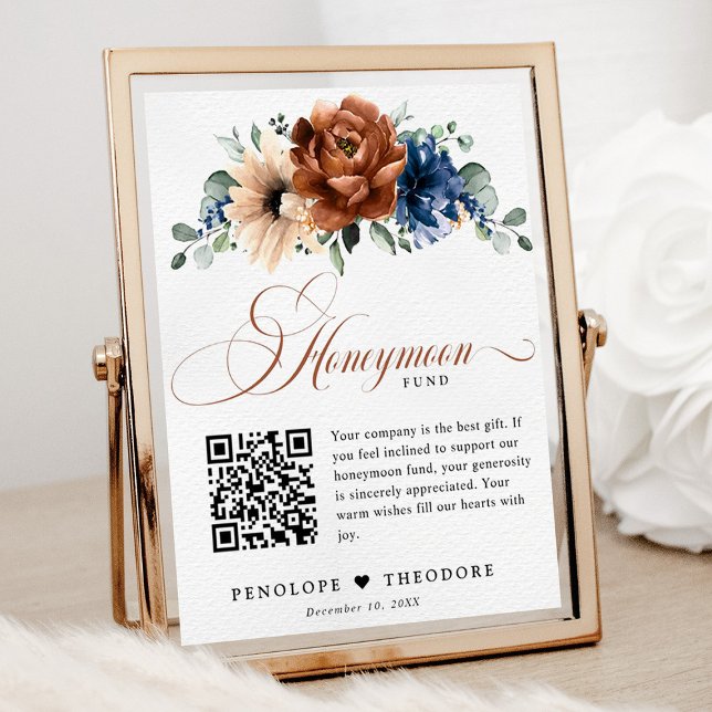 Póster Boda azul de la Marina de Terracota Rótulo del Fon (Honeymoon fund QR code sign with terracotta and navy flowers)