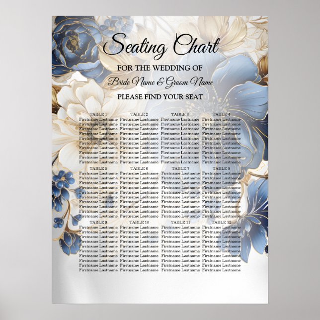 Póster Boda Azul Marino Blanco Dorado Floral Plata (Frente)