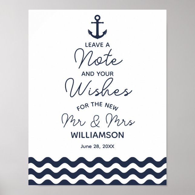 Póster Boda azul marino náutico Deje una nota impresa (Frente)