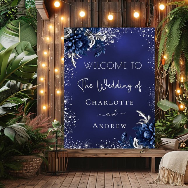 Póster Boda azul marino purpurina de plata  flores bienve (Subido por el creador)