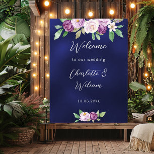 Póster Boda azul marino violeta flores púrpura bienvenida