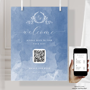 Póster Boda azul turbio Monograma Código QR Rótulo de asi