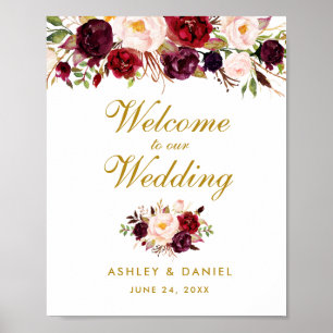 Póster Boda Bienvenida acuarela Floral Borgoña Oro