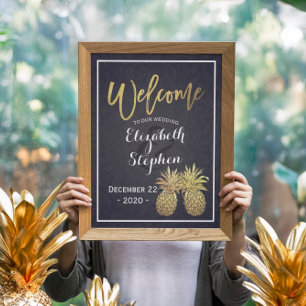 Póster Boda Bienvenida Piña Dorada Pareja Azul Marino
