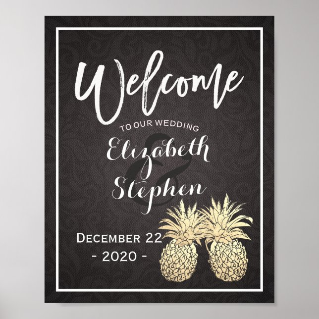 Póster Boda Bienvenida Poster Black Gold Pineapple Pareja (Frente)