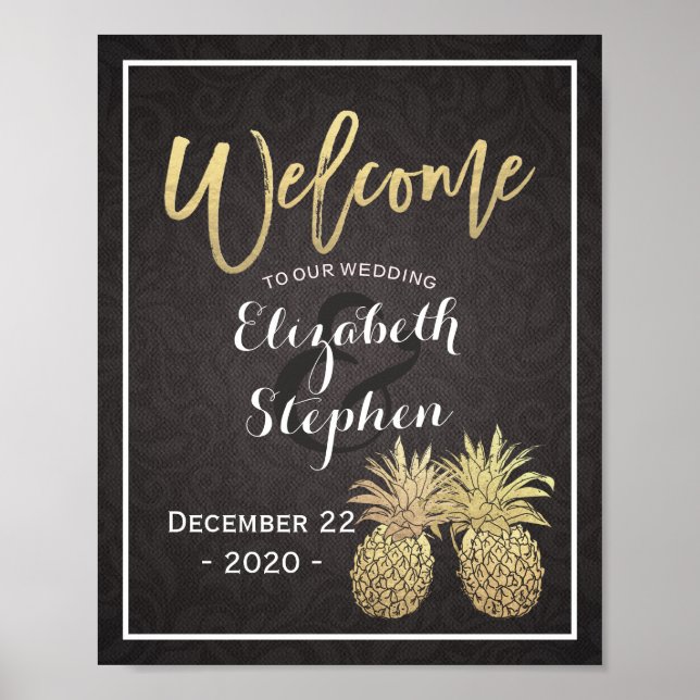 Póster Boda Bienvenida Poster Black Gold Pineapple Pareja (Frente)