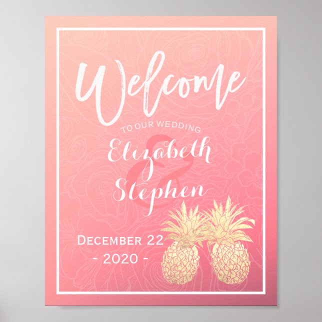 Póster Boda Bienvenida Poster Pink Gold Pineapple Pareja (Frente)