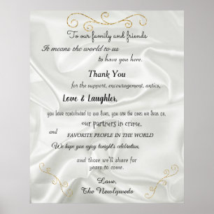 Póster Boda Bienvenida Purpurina de Oro, satén blanco,