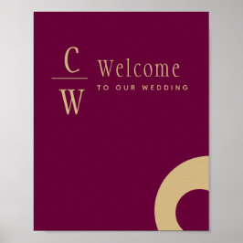 Póster Boda Bienvenida Rótulo Monogramado Berry Wine Gold