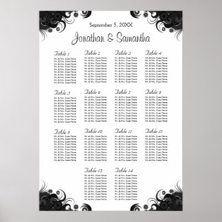 Póster Boda blanco y negro 14 tablas de asientos
