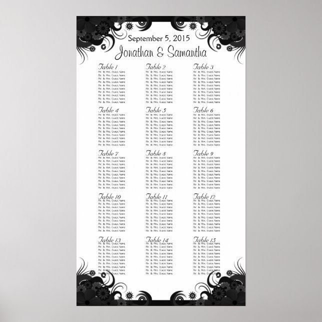 Póster Boda blanco y negro 15 tablas de asientos (Frente)