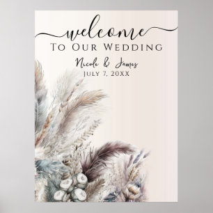 Póster Boda Bohemiana Floral Terrosa con Plumas