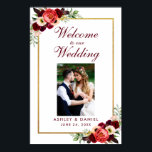 Póster Boda Boho Floral Borgoña Oro Foto de Bienvenida<br><div class="desc">Póster de Foto de Bienvenida de Boda Boho Floral Borgoña Marsala Acuarela - Marco Dorado - Texto Borgoña</div>