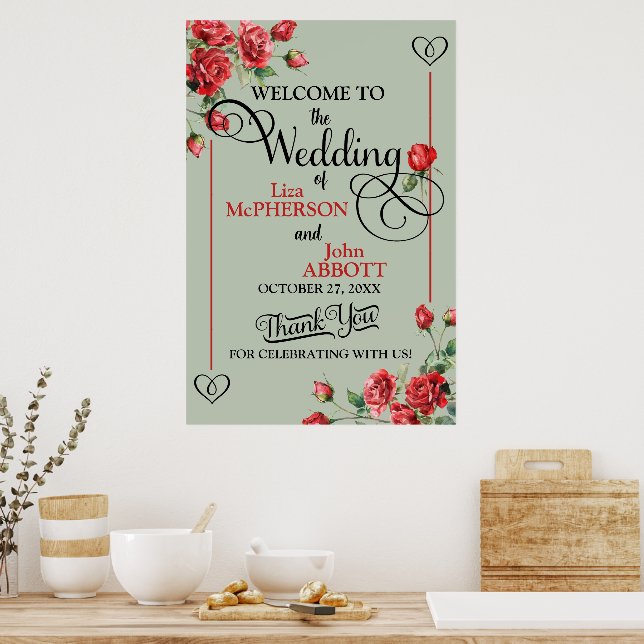 Póster Boda bonito Floral Sage Green & Red Roses (Cocina)
