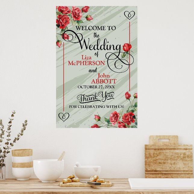 Póster Boda bonito Floral Sage Green & Red Roses (Cocina)