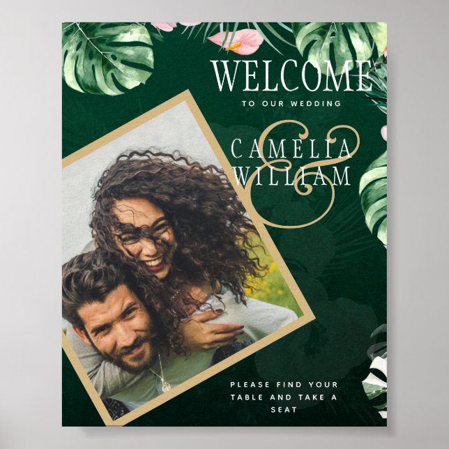 Póster Boda Botánico Rosa Verde Tropical LeahG (Frente)